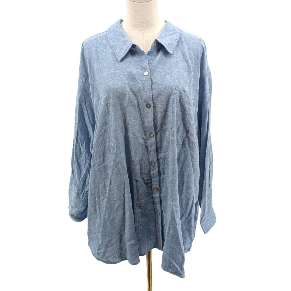 Susan Graver Pure Linen Blend Button Front Shirt Blue Oversized 2X Petite